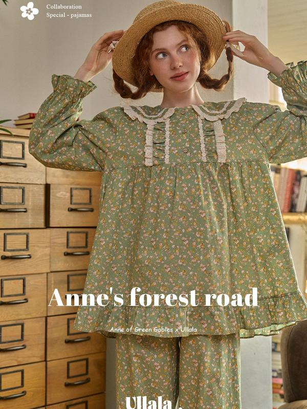 Bộ ngủ nữ Ullala xuân hè dài tay hoa xanh Anne Forest Road Women Cotton 0