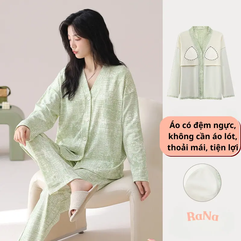 Quần áo mặc nhà, mặc ngủ Dài Tay Có Miếng Đệm Lót Ngực, Chất Liệu Mềm Mịn, Thoải Mái RaNa chuyên đồ mặc nhà