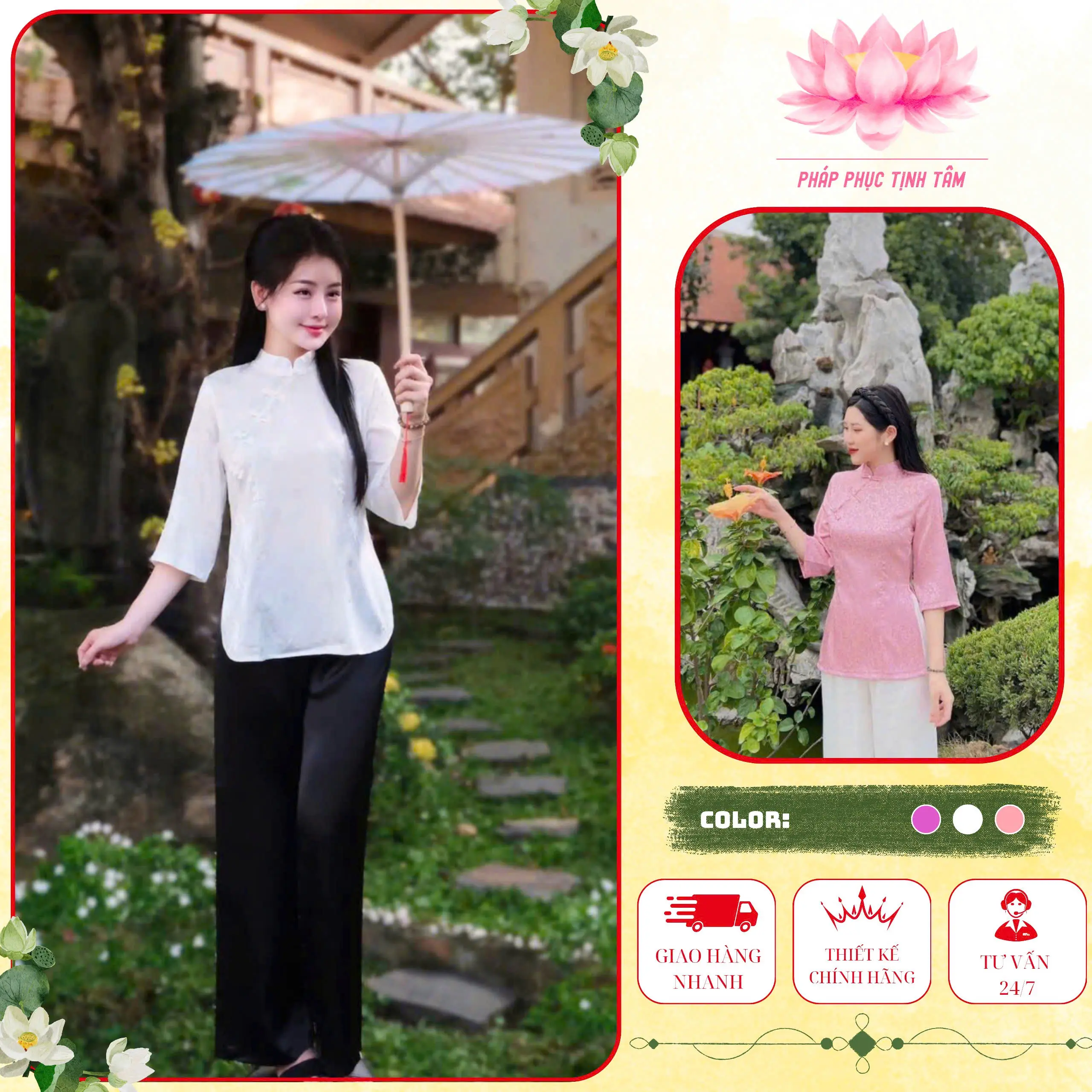 Tịnh Tâm 14- Áo Bà Ba Lụa Cổ Tàu Vạt Chéo Đính Cúc Ngọc Trai Cao Cấp Mã Hàng Không Bao Gồm Quần