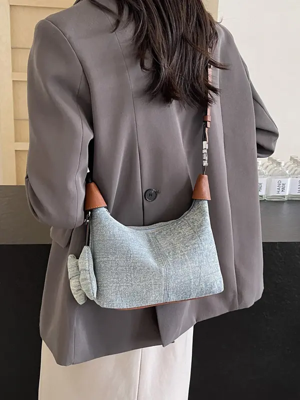 Women's Elegant Colorblock Denim Effect Design Crossbody Bag, Fashionable Zipper Shoulder Bag for Daily Used, Casual Trendy Versatile High-quality Daily Commuting Bag 8