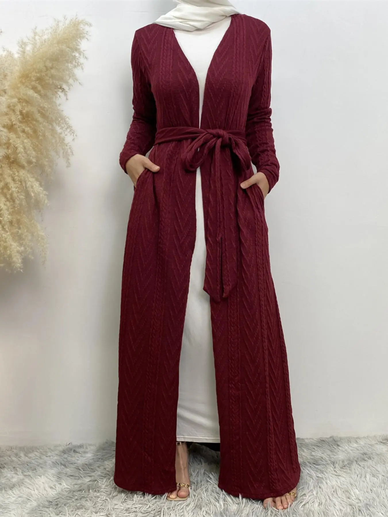 Women's Solid Long Sleeve Belted Abaya Without Hijab, Elegant Pocket Long Sleeve Open Front Outerwear, Fashion Muslim Clothing For Fall & Winter, Abaya Coat