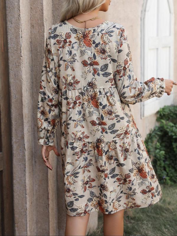Women's All Over Floral Print Plicated Flounce Sleeve Dress, Casual Long Sleeve Round Neck Short Dress for Daily Wear, Ladies Clothes for All Seasons, Womenswear 7