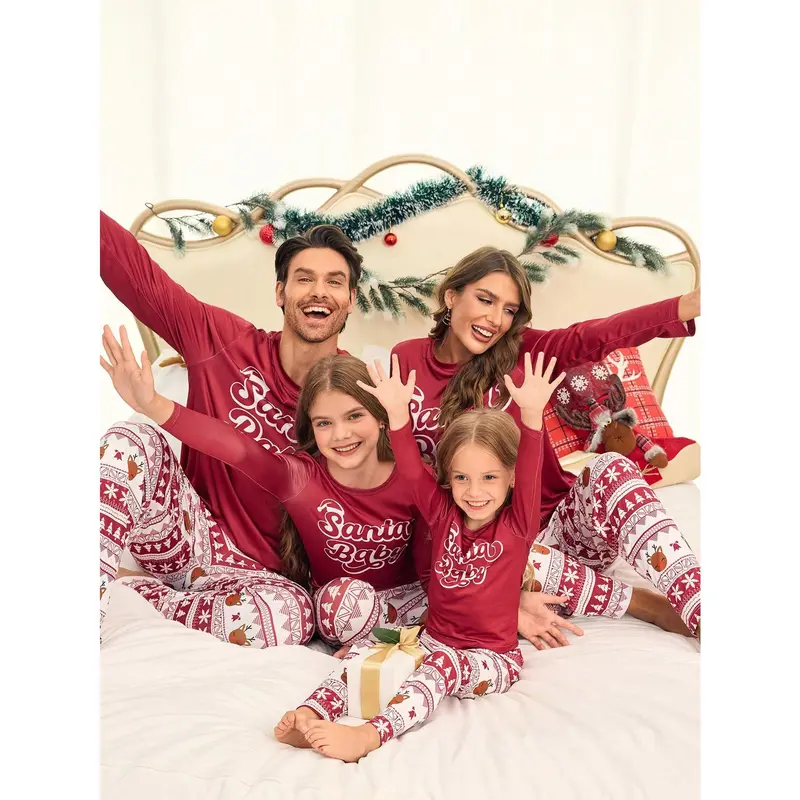 2pcs Men's Burgundy Simple Christmas Element All Over Print Long Sleeve Pajama Set, Comfortable Loungewear Menswear Nightwear Pants Stretch 3