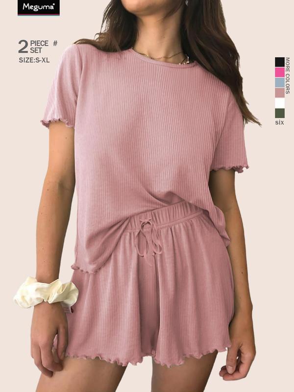 Women's solid color casual pajama set, round neck short-sleeved top, elastic waist pocket shorts, two-piece home clothes. 3