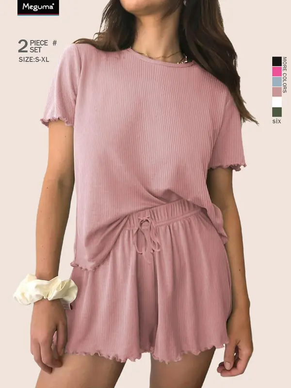 Women's solid color casual pajama set, round neck short-sleeved top, elastic waist pocket shorts, two-piece home clothes. 3