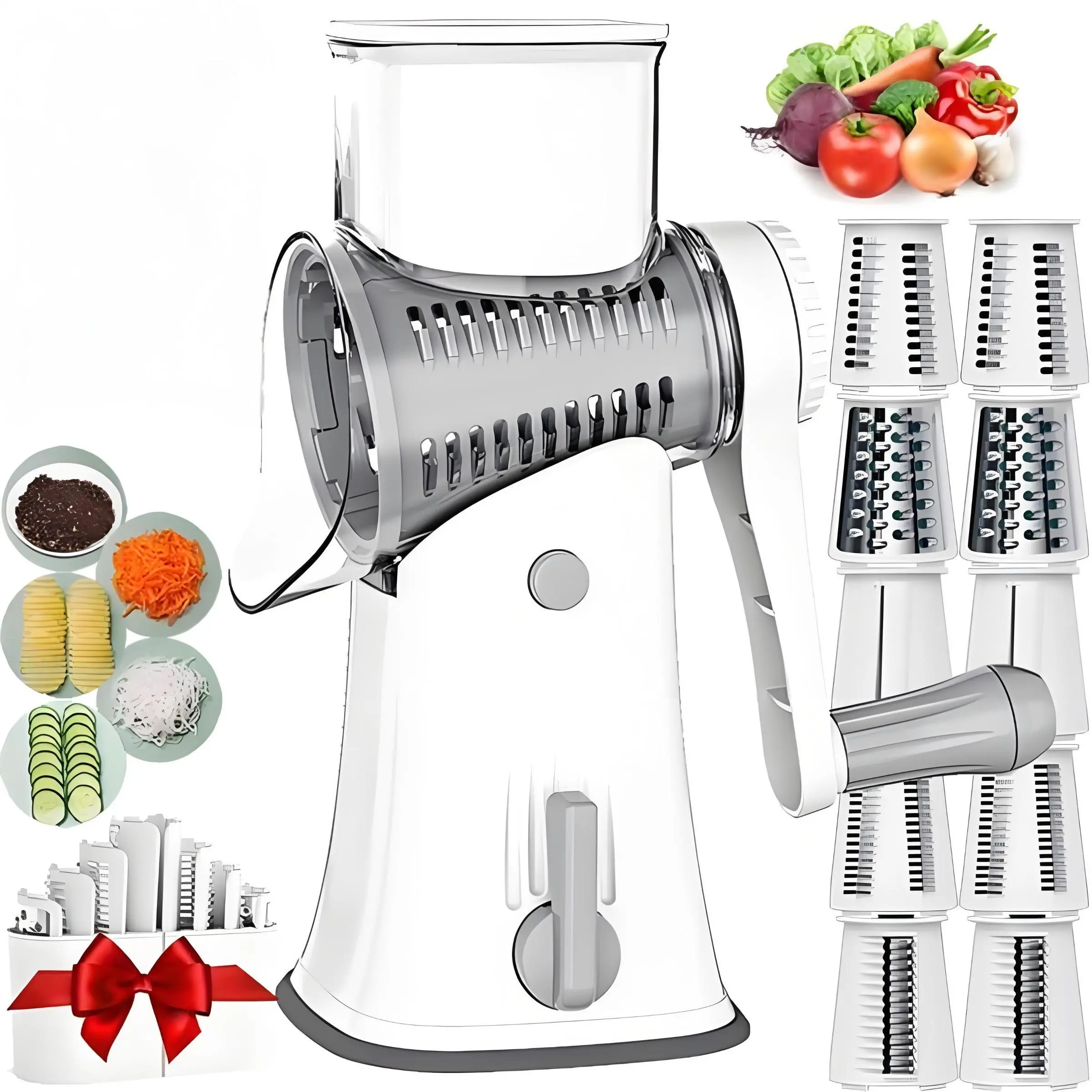 5 in 1 Rotating Cheese Grater, 1 Set Manual Food Vegetable Chopper with Suction Cup Base & Blades, Household Kitchen Tool for Cutting Potato & Fruit