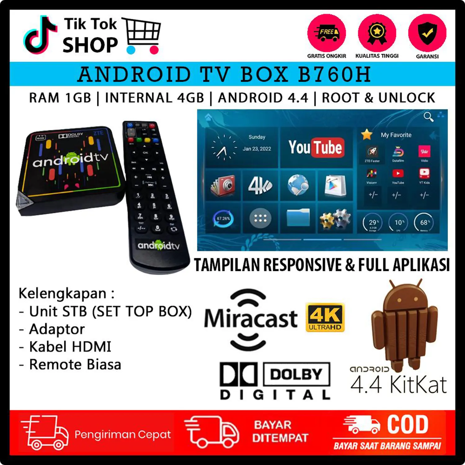 Android TV Box B760H 1GB/4GB / ROOT & UNLOCK / FULL APLIKASI / KABEL HDMI UNTUK TV LED / FULL CHANNEL
