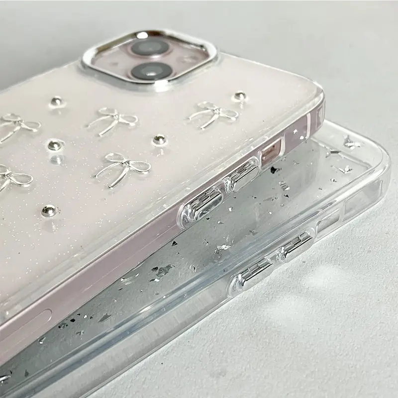 【SatSet.ind】LUX Plating Transparan Tekstur 3D Pita Ribbon Butterfly Compatible with iPh 11 Pro 12 ProMax 13 14 Plus 15 16 Casing Cover Elegan Mewah Glitter Metal Plating Clear Case back  cover 6