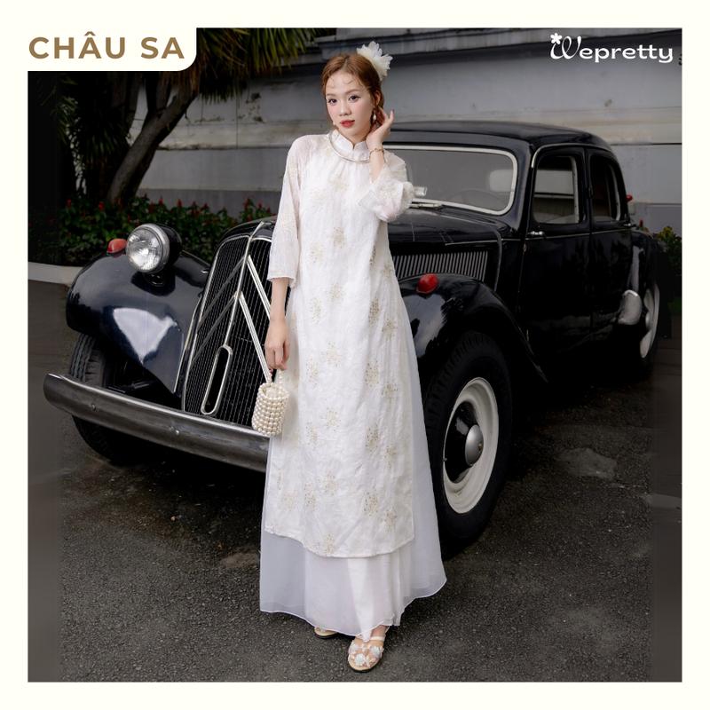 CHÂU SA - AD19 Áo dài Tết kèm chân váy nữ vải tơ voan họa tiết hoa mai sang trọng quý phái Wepretty Clothes