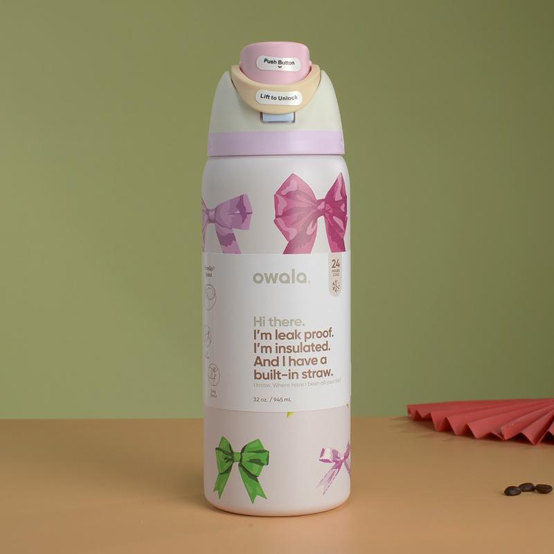 Product Introduction of Limited edition Owala FreeSip Insulated Stainless Steel Water Bottle 32 Oz Leakproof  Lid for Gym Sports Travel Dreamy Field Blue/Pink Bows, Girlhood, Dear Diary, Luck, Sukura, Valentine Pink 3