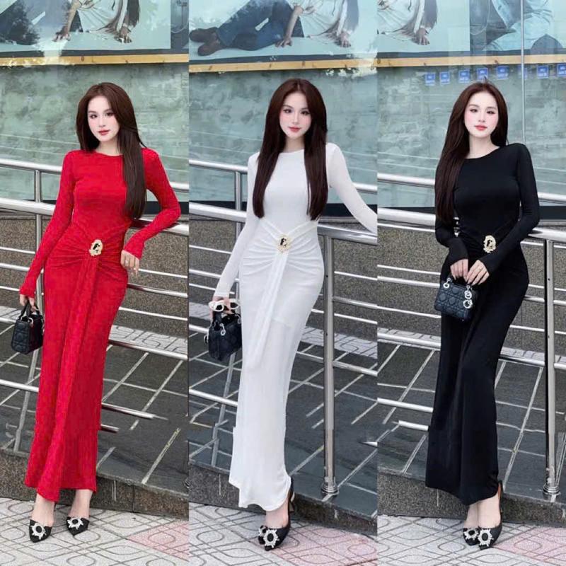 SM - Đầm ôm body cổ tròn tay dài nhún eo phối tà đính charm sang chảnh - đầm nữ Thun ladong H941 Váy boby , váy body nữ tôn dáng , váy xinh , váy đi tiệc , váy đi biển