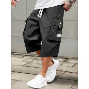 Men's Summer Casual Cargo Shorts - Elastic Drawstring Waist, Multiple Pockets & Letter Patch Design, Regular Fit Mid-Rise Non-Stretch Fabric for Daily Wear & Leisure Activities, Nontransparent Fabric