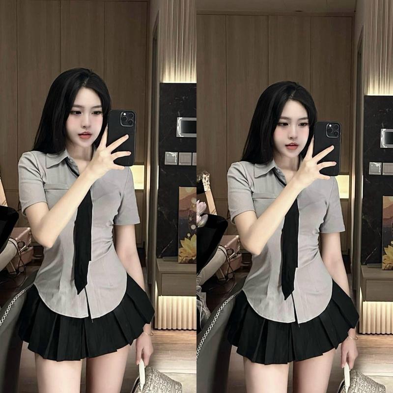 Set áo sơ mi cà vạt đen kèm chân váy xếp li ( có lót ) Nữ Women-X31