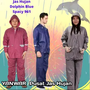 Dolphin Blue Jas Hujan Setelan Baju Celana Spacy 961 Model Jaket Celana PVC dengan Scotchlight Protector untuk Keamanan Malam Hari Dewasa Remaja Pria Wanita