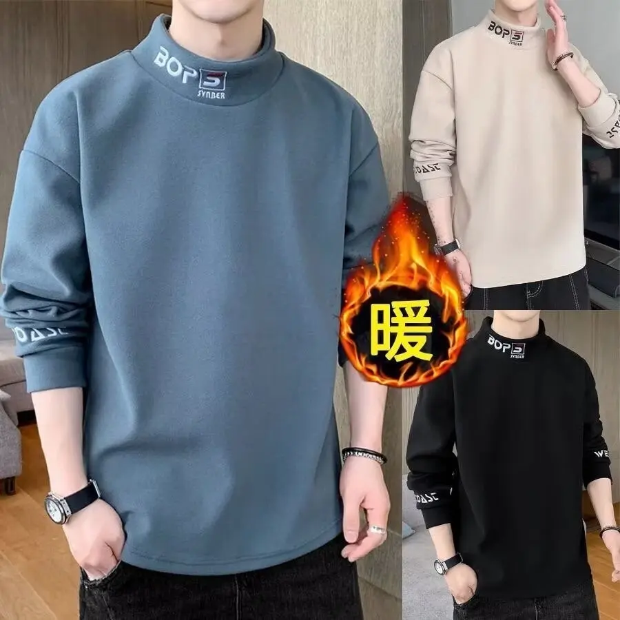 Half high neck sweatshirt, men's long sleeved T-shirt, double-sided German velvet embroidered base shirt[T24]