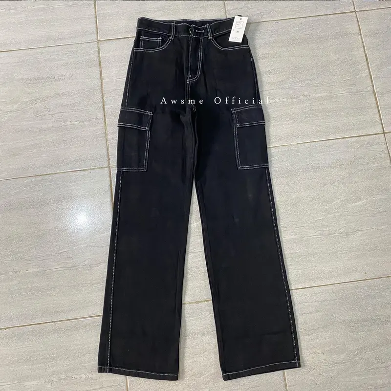 (27-34) Highwaist Loose Cargo Jeans Oreo / Celana Panjang Wanita Cewek Warna Hitam Kekinian Korean Style 1