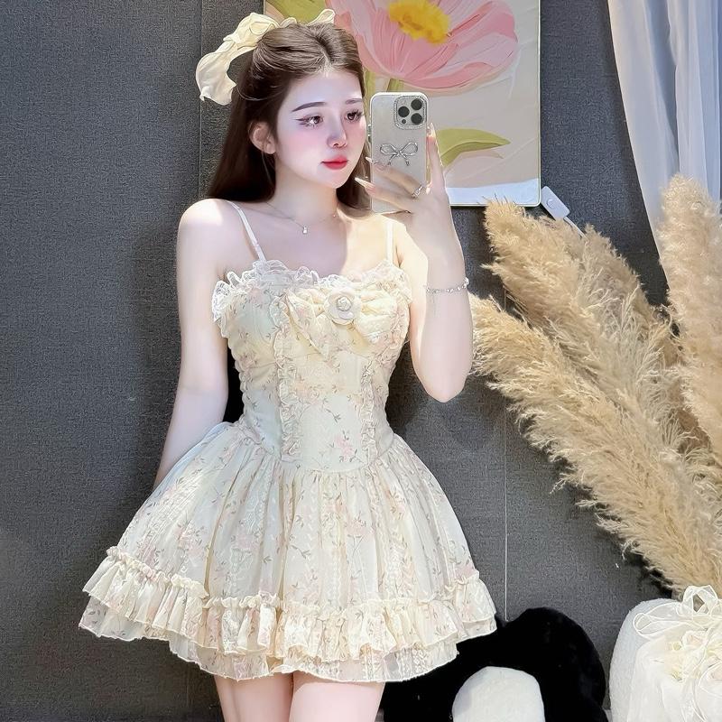 CD676 Váy Dây Thô Hoa Ren Bèo Tiểu Thư Hoa Trà Xoè Bồng Xinh ảnh thật tôn dáng nữ tính sz S M