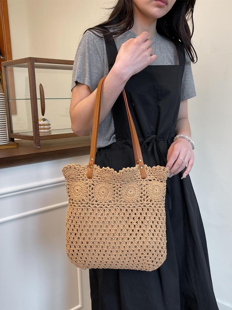 Product Introduction of Women's Solid Color Straw Tote Bag, Fashionable Large Capacity Shoulder Bag for Daily Used, Casual Trendy Versatile High-quality Daily Commuting Bag 2