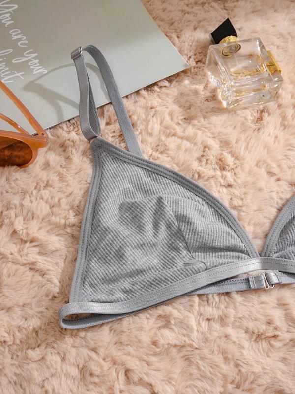 Women's Plain Ribbed Wireless Triangle Bra, Elegant Adjustable Spaghetti Strap Push Up Lingerie Top, Soft Comfortable Lingerie for All Seasons, Bra Pack 2