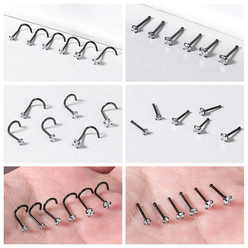 1 PC 18G/20G Stainless Steel Nostril Piercing 1.5/2/2.5/3mm Crystal Nose Piercings L Shape Nose Stud Cubic Zircon Nose Stud 4