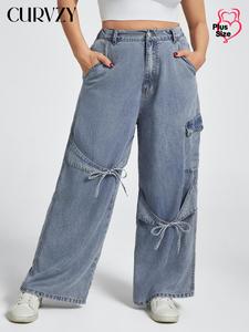 CURVZY Plus Size Solid Color Bow Decor Pocket Design Denim Pants, Casual Fashion Comfy Wide Leg Trousers for Daily Outdoor Wear, Women Plus Clothing for Spring & Fall