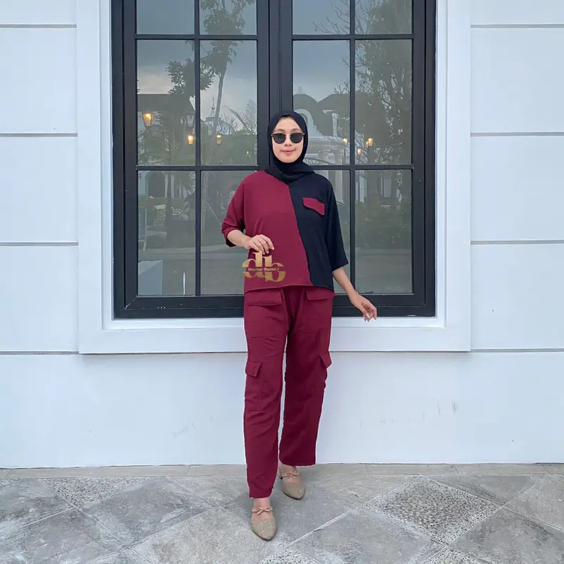 Dasterbeauty - AZIZAH Baju Setelan Wanita Kekinian Korean Style Terbaru Crinkle Airflow Jumbo Celana Panjang Atasan Croptop Nyaman Dewasa Remaja Model Cargo Trendy 3