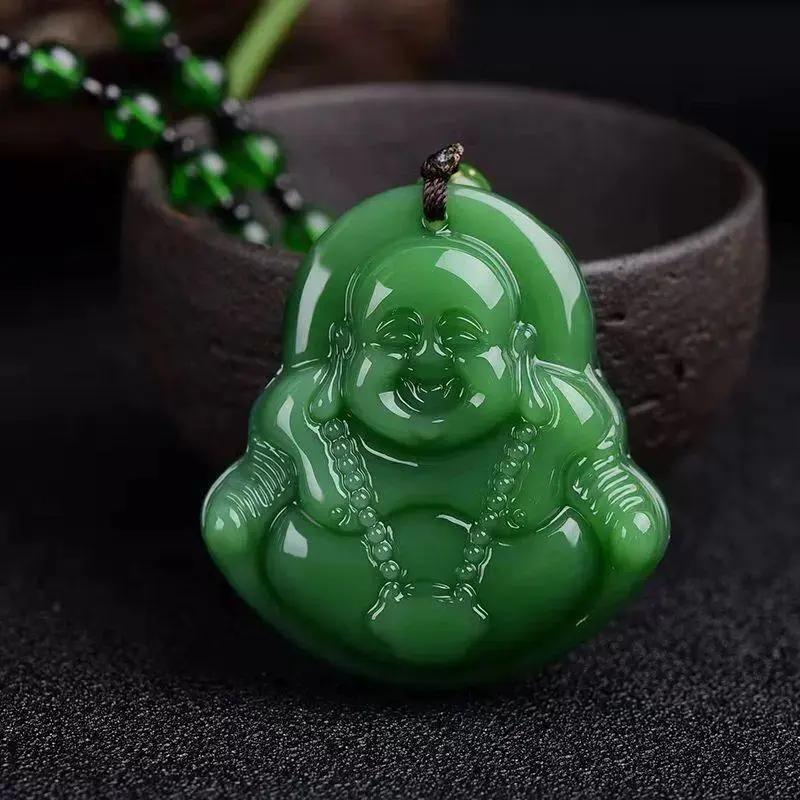 Mặt Dây Chuyền Phật Di Lặc, Màu Xanh Lá Đậm, Làm Bằng Đá Obsidian, Phong Cách Dân Tộc