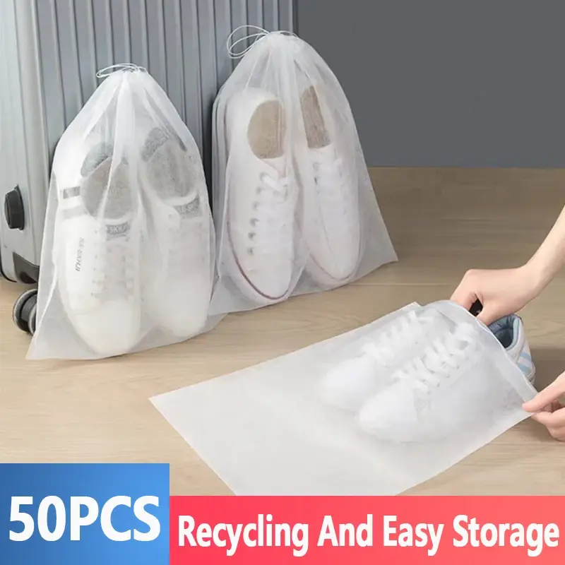 50Pcs Shoe Bag with Drawcord,Anti-dust Shoe Storage Bag,Reusable Travel Storage Drawstring Bag Lightweight Organiser Plastic Waterproof