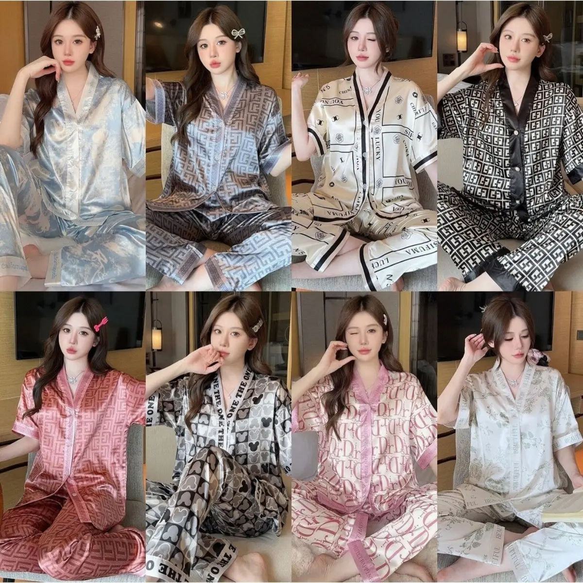 Bộ Đồ Ngủ Pijama Lụa Lạnh Hàng Có Sẵn AC, Phong Cách Sang Trọng Cao Cấp, Dành Cho Phụ Nữ, Bộ Sưu Tập Xuân Hè, Dáng Rộng, Thoáng Khí Lạnh, ngắn Tay, Quần Dài, Thích Hợp Cho Bé Gái, Ngoại Cỡ M-3XL, Bộ Đồ Ngủ Mặc Nhà, Hàng Mới Về Năm 2024