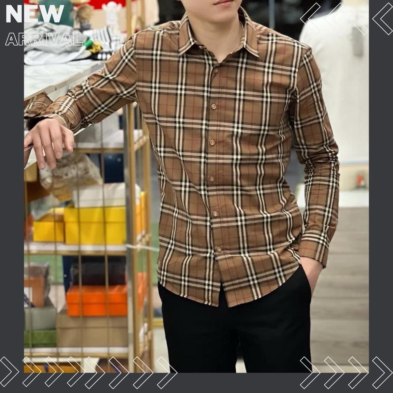Áo Sơ Mi Caro Nâu Sọc Trắng Đen Cotton Nam Menswear Jean Shirt Có Cổ