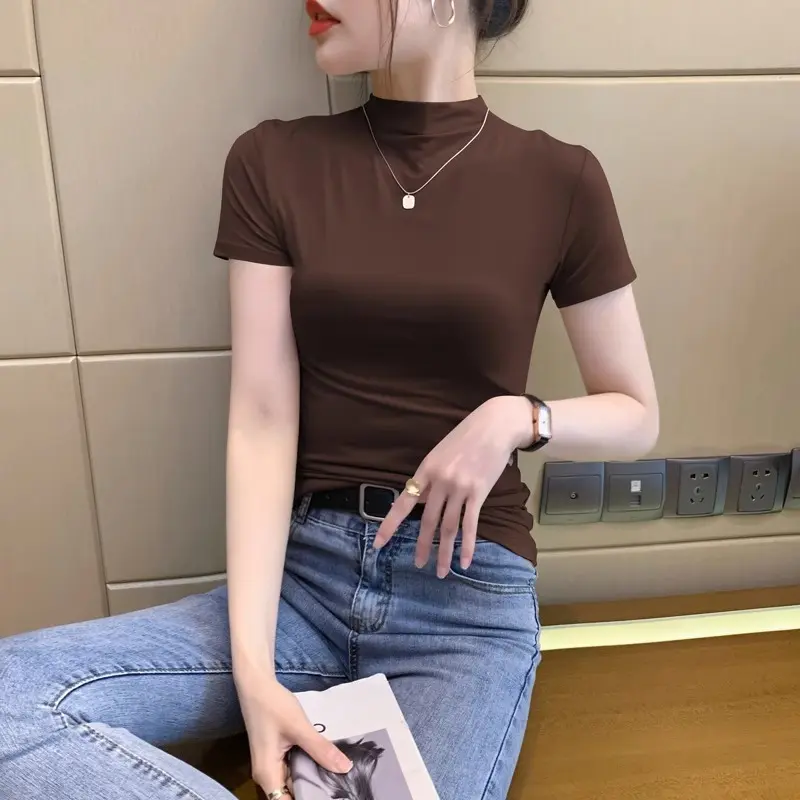 Brown Half Turtleneck Short Sleeve T-shirt Women's Summer 2024 New Ice Silk Modal T-shirt Tight Mid-Collar Top