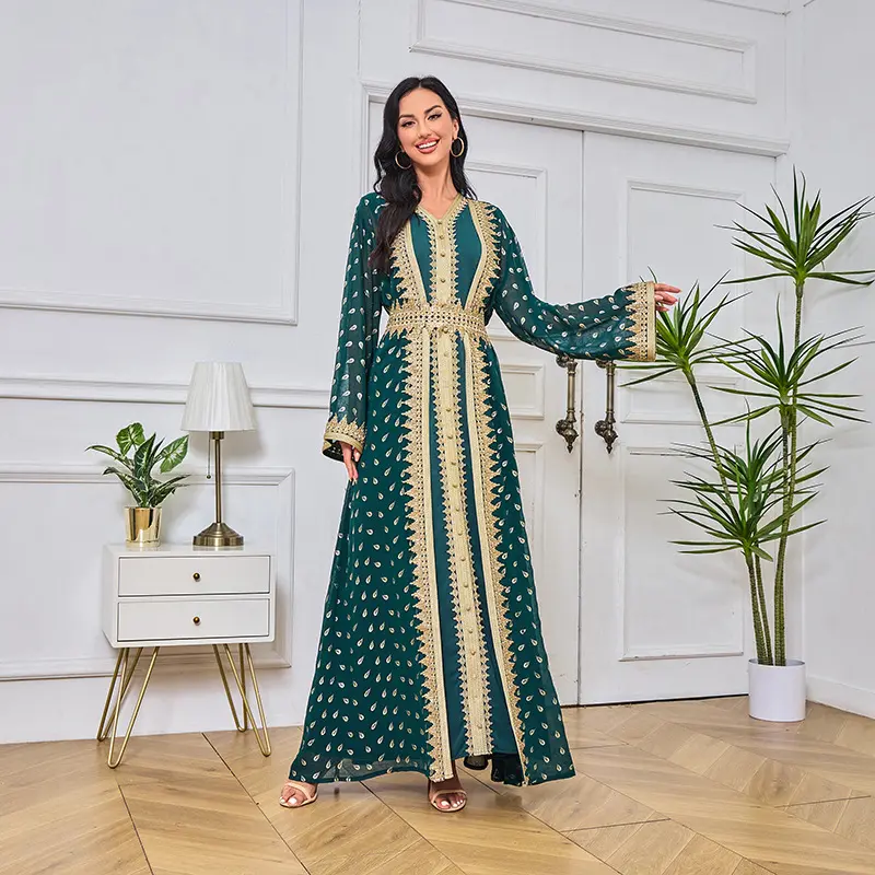 2025 Muslim Cardigan Vest Robe Gold Lace Elegant Graceful Dress Abaya 1