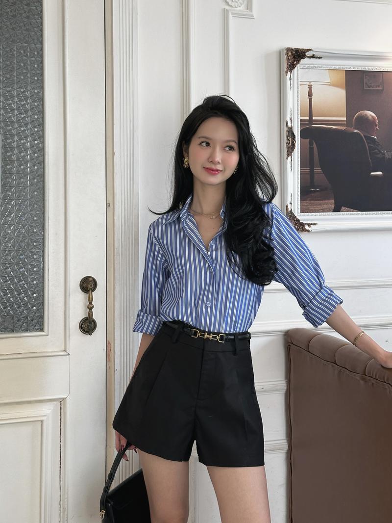 Product Introduction of Áo sơ mi Xanh Sọc Trắng Đôi,Kelins, Chất Kate Cotton, Freesize 6
