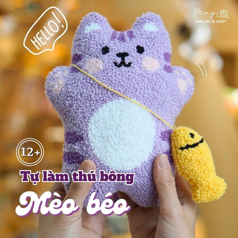  Bộ nguyên liệu tự làm thú bông mèo tím Diy từ thêu len nổi punch needle 