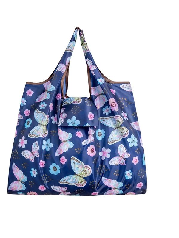 Colorblock Butterfly Print Foldable Shopping Bag, Casual Large Capacity Folding Travel Bag, Fashionable Reusable Bag for Women & Men 4
