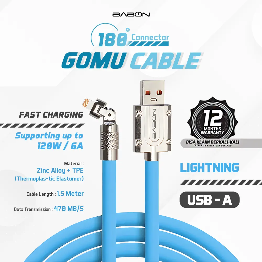 BABON CABLE CHARGER GOMU 180 USB TO LIGHTNING Ponsel Gadget