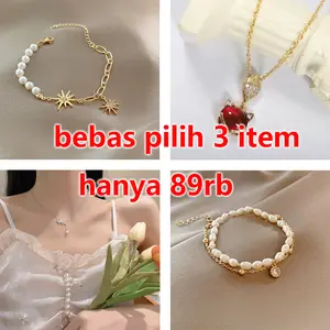 3pcs Korea Titanium[ kalung,+ Gelang] Mutiara Zirkon Trendi Anti Karat Untuk Wanita Perhiasan anklets Aksesoris