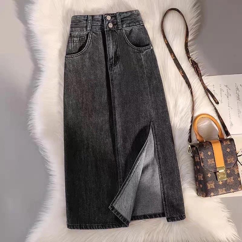 ￼Chân váy jeans nữ dáng dài xoè cạp cao tôn dáng, chân váy bò nữ  đen hottrend