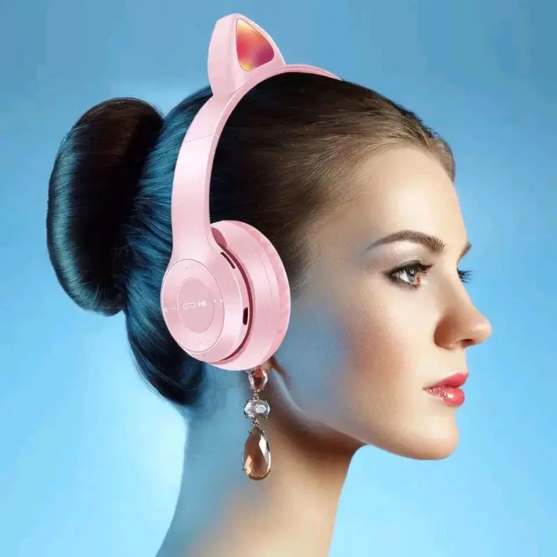 Termurah Headphone Bluetooth P47M RGB LED / Cute Cat Ear Wireless Audio Stereo Super Bass headset bando model kelinci Peredam Kebisingan 8
