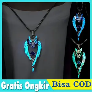 Kalung Serigala Glow in The Dark - Liontin Kepala Serigala Batu Biru Safir dengan Rantai Titanium Anti Karat, Aksesoris Viking Pria Wanita Style Korea