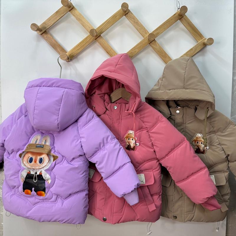Áo khoác phao nhung lì 3 lớp cho bé gái 13-36kg, bên trong có lót lông dày,họa tiết LaBuBu năm 2024