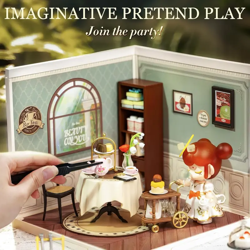ROBOTIME Miniature House Kit DIY Plastic House Building Toy Set with LED Tiny Store Making Kit Model Craft Hobby Unique Gift DW011 Sweet Sips Tea 5