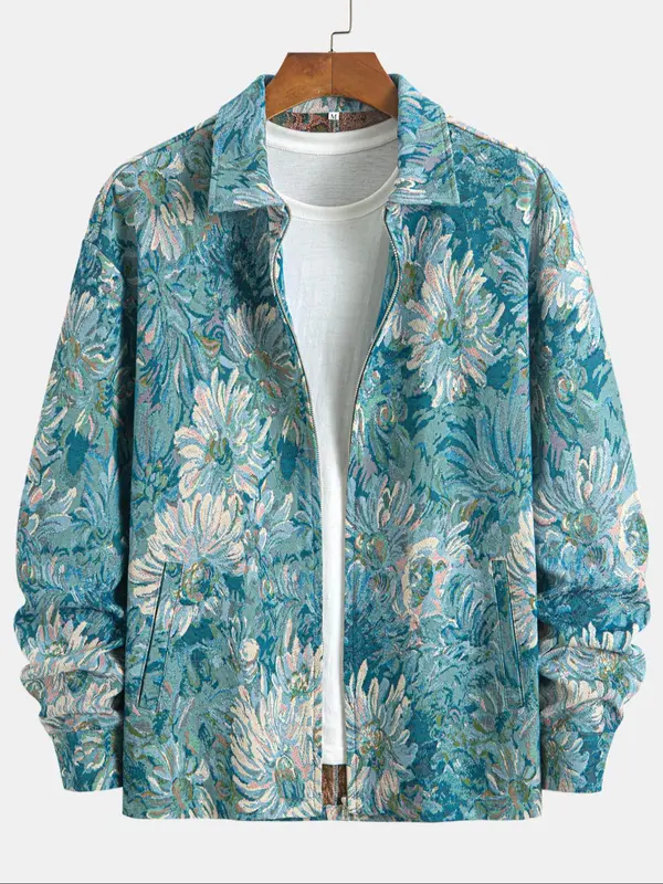 Men's Floral Print Button Zipper Jacket, Loose Casual Long Sleeve Collared Outerwear for Fall & Winter, Men's Clothes for Daily Wear 5