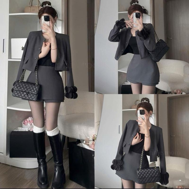 Set bộ áo vest dáng ngắn CÓ ĐỆM VAI mix quần giả váy màu ghi xám siêu xinh. Chất kaki ép mùng đứng form. Thời trang dạo phố tiệc đi làm by Đào Uyên Top Nữ