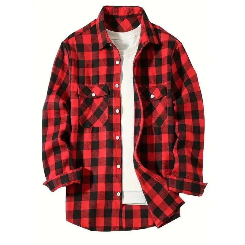Spring and Autumn Fashion Cotton Long Sleeve Men's Shirt New Brushed Red Plaid Business Leisure Fit Flannel No iron