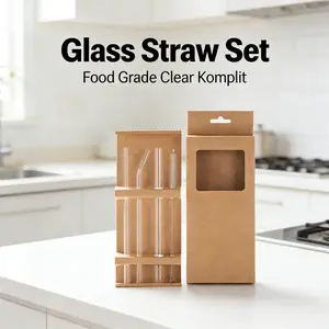 Set 4pcs Peralatan Makanan Kualitas Tinggi: Sedotan Kaca Transparan, Gelas, Straw Boba, Sikat Sedotan, Bengkok Estetik, Eco-Friendly, Kegunaan Berbagai 4in1, Kemasan Kreatif, UKuran 4in1 Aesthetic Eco Friendly