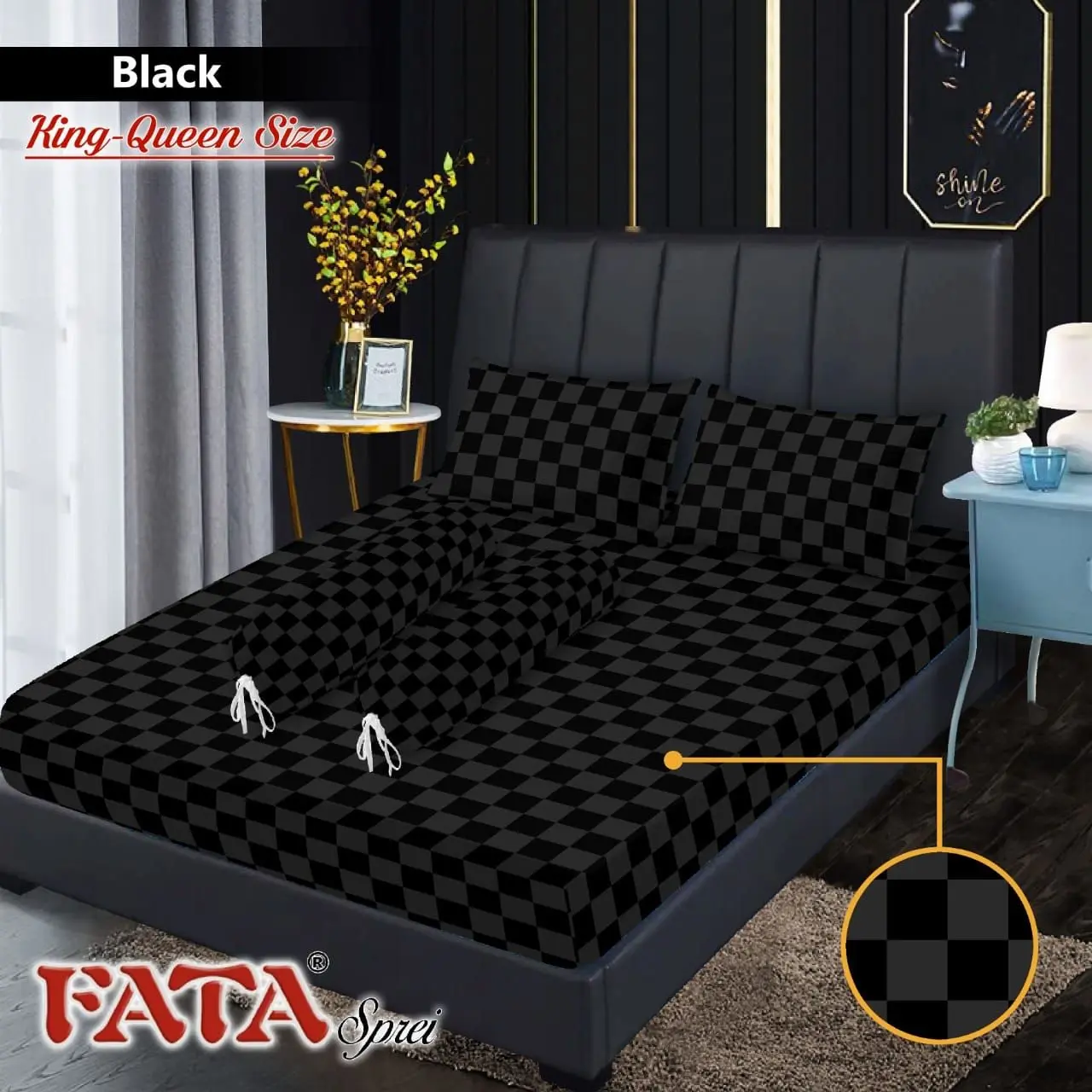 FATA SPREI JACGUARD EMBOSS POLOS BLACK KING 180x200x20, QUEEN 160x200x20, SINGLE 120x200x20, 100x200x20 & 90x200x20 Bantal Guling Karet