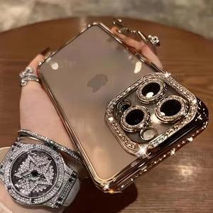 iPhone 17 Pro Max 17Air/16シリーズ用透明ダイヤモンド付きスリムケース、エレガントな電解メッキデザイン、女性向け保護カバー