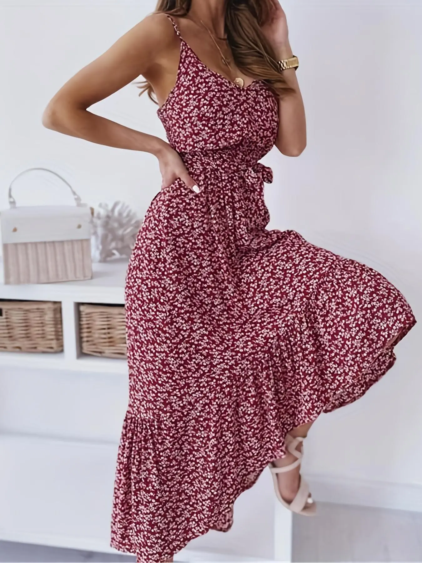 Women's Floral Print Tie Front Cami Dress, Elegant Fashion Casual Sleeveless Dress for Daily Outdoor Wear, Women Dress for Summer