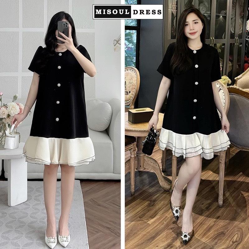 Đầm váy bầu dự tiệc dáng babydoll mix chân váy voan tơ xòe điệu đà cúc bấm sang xịn chất liệu tuyết mưa phối voan tơ siêu mềm mát phù hợp đi tiệc hay đi làm size 40-75kg